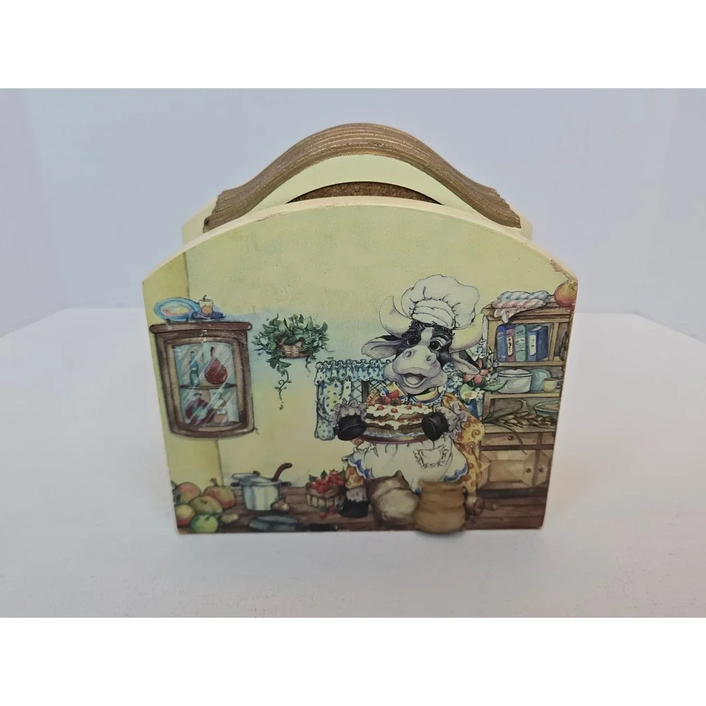 Vintage Chef Cow Wooden Coaster Set with Holder 6 Piece Cork Inlay 3D Cat
